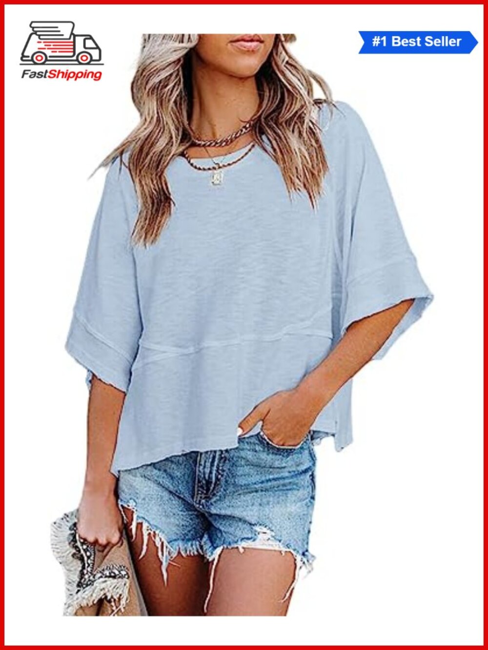 Sovelen Womens 3/4 Sleeve T-Shirt Loose Fit Crewneck Cotton Blend Casual Top